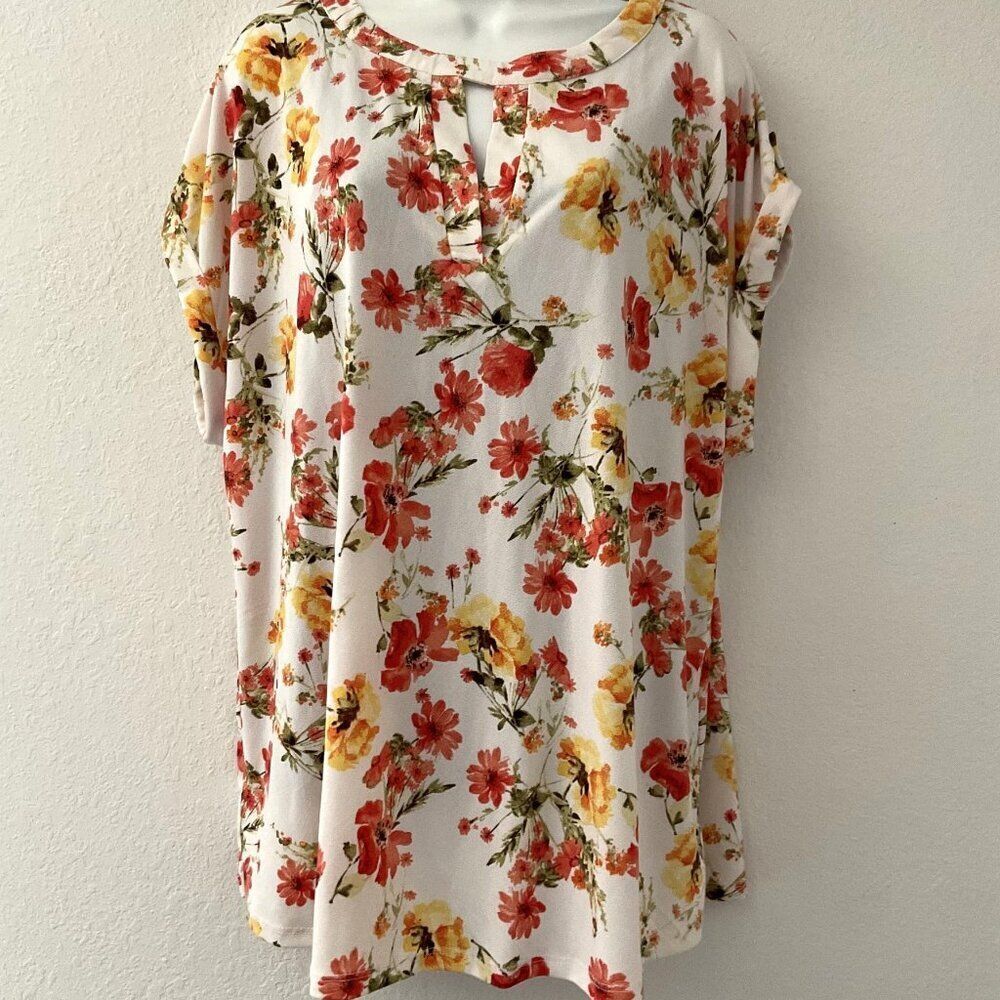 Cure Floral V-Neck Keyhole Plus Size Blouse Top Yellow Orange 3XL